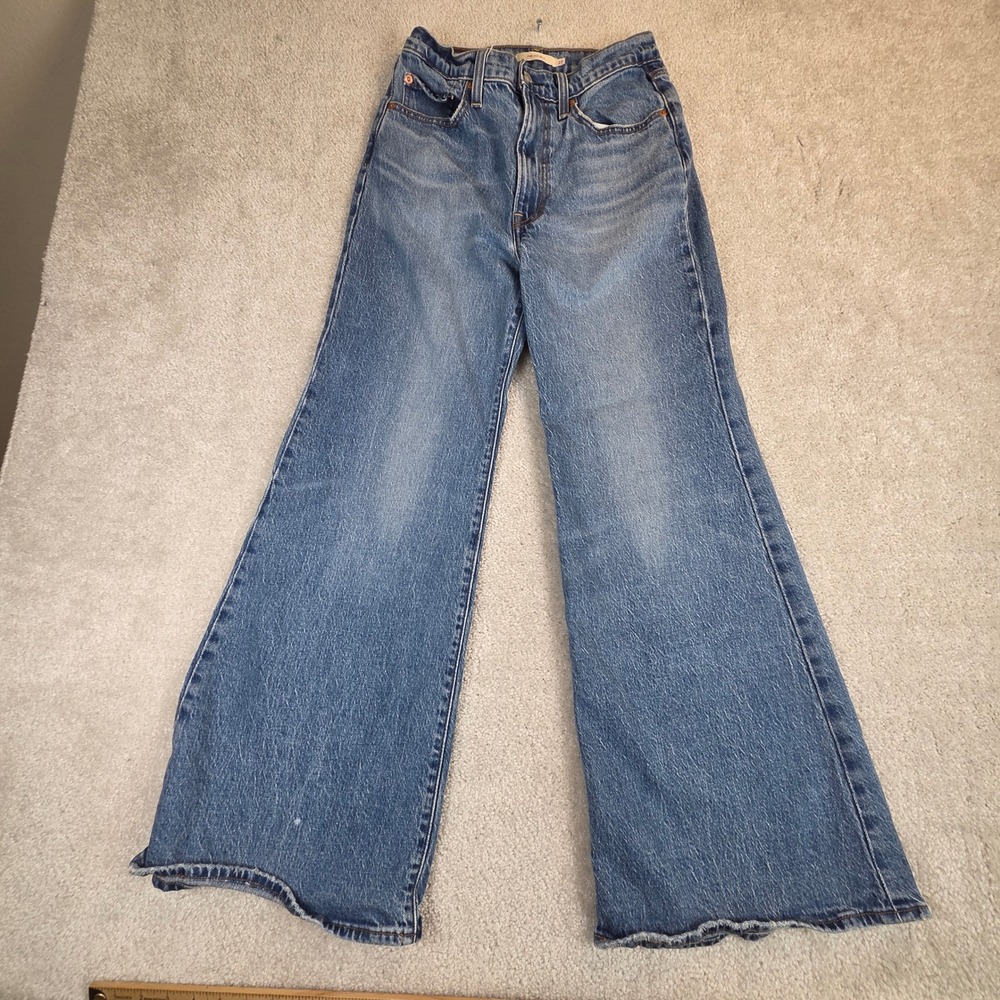 Levi Premium Ribcage Bell Jeans 27x28 High Rise Wide Leg Flare Blue Denim